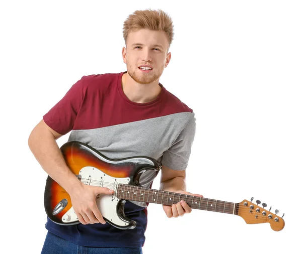 Handsome man playing guitar on white background — Stock Photo, Image