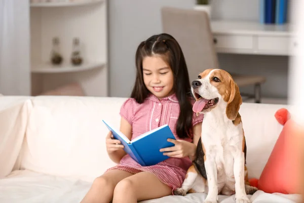 可愛いですアジアの女の子とともに可愛いですbeagle犬読書本で家に — ストック写真