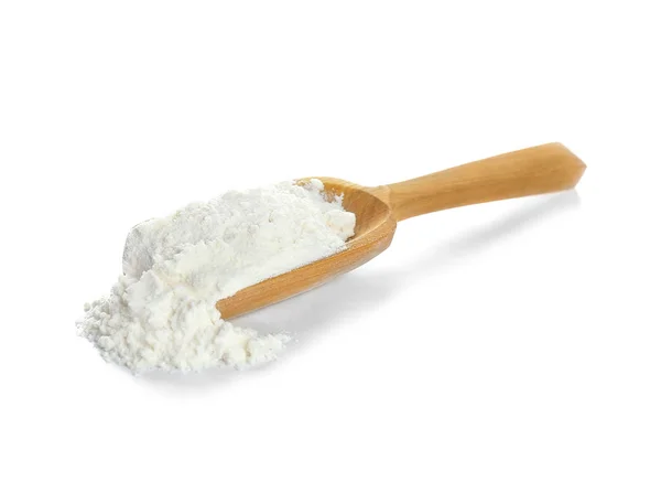 Scoop con harina sobre fondo blanco — Foto de Stock