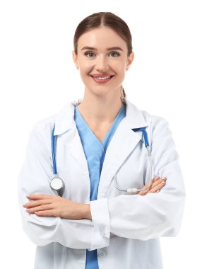 Beyaz arka plan üzerinde kadın doktor portresi