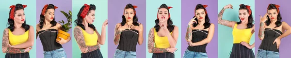 Collage mit schöner tätowierter Pin-up-Frau auf farbigem Hintergrund — Stockfoto