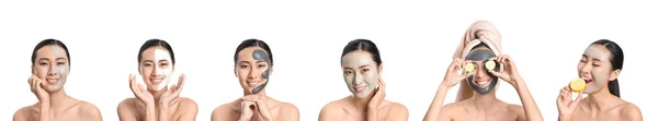 Collage von schönen asiatischen Frau mit Gesichtsmasken auf weißem Hintergrund — Stockfoto