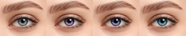 Женские глаза с различными контактными линзами — стоковое фото