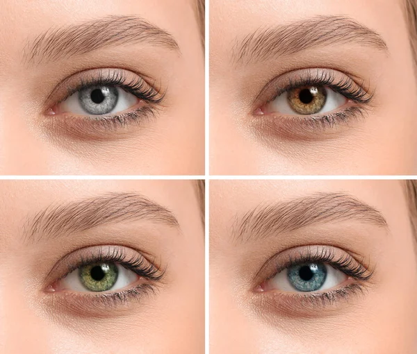 Yeux féminins avec différentes lentilles de contact — Photo