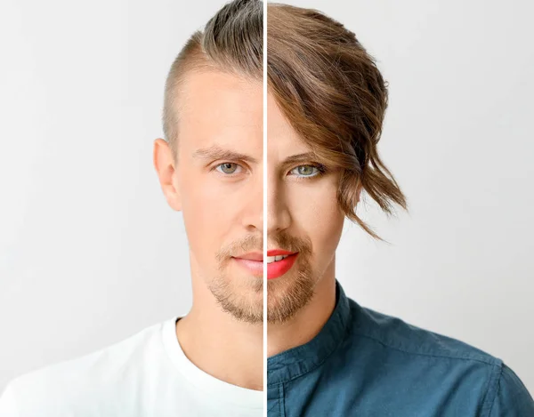 Сравнение портрета молодого человека и трансгендерной женщины на сером фоне — стоковое фото