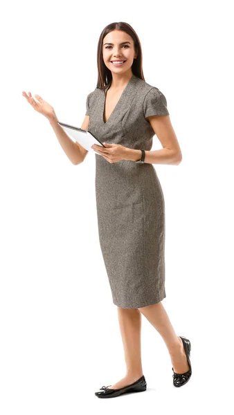 Beautiful young businesswoman with tablet computer on white background — ストック写真