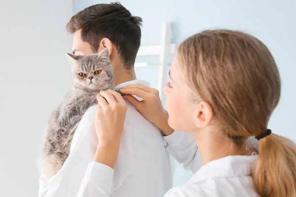 Veterinarians with cute cat in clinic