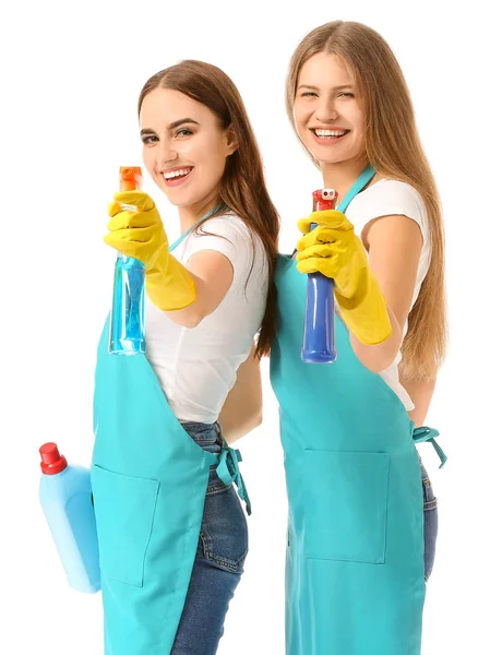 Female janitors on white background — Stock Photo, Image