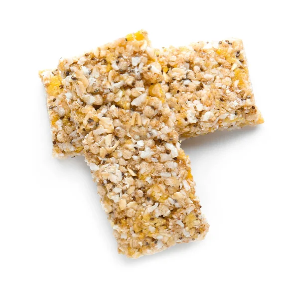 Batangan granola lezat pada latar belakang putih — Stok Foto