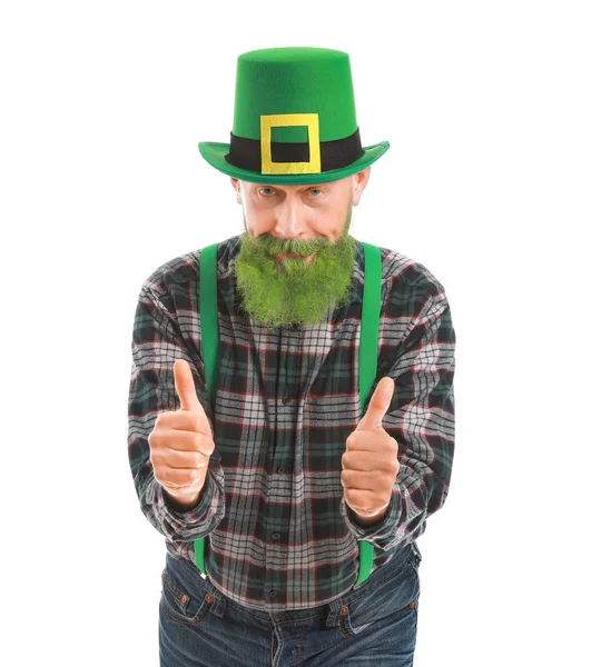 Grappige volwassen man met duim-omhoog gebaar op witte achtergrond. St. Patrick 's Day viering — Stockfoto