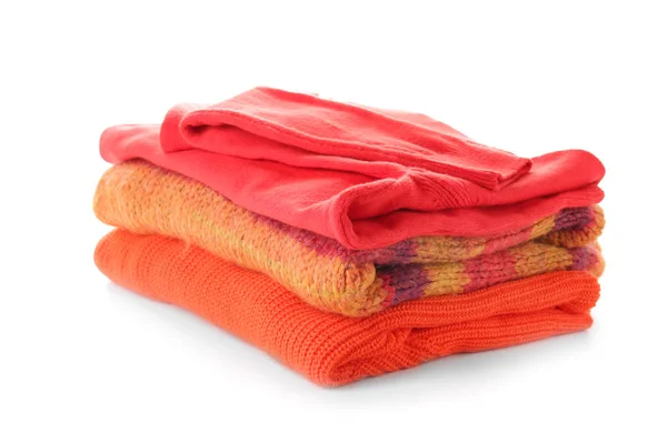 Stack of clean clothes on white background — Stock Photo, Image