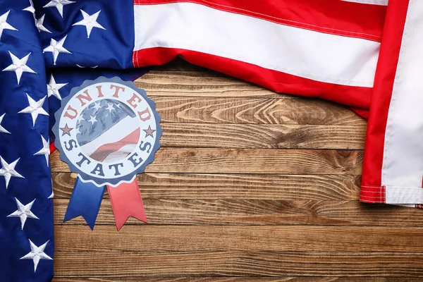 USA flag and emblem on wooden background with space for text — ストック写真
