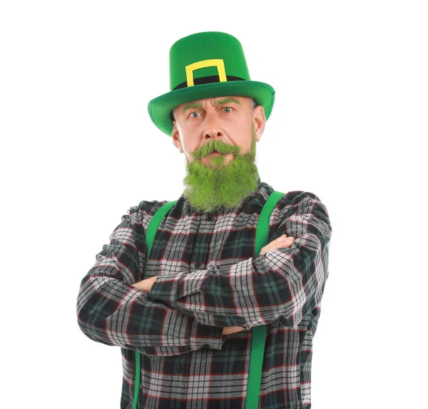 Funny mature man on white background. St. Patrick's Day celebration Stock Image