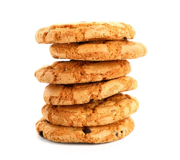 Biscoitos saborosos com chips de chocolate no fundo branco — Fotografia de Stock