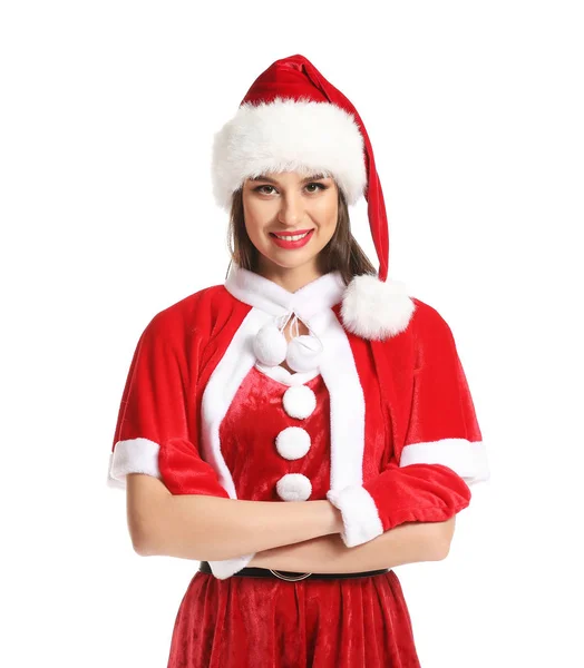 Bella giovane donna in costume da Babbo Natale su sfondo bianco — Foto Stock