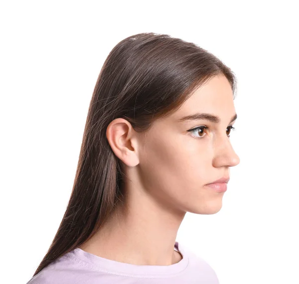Young woman with hearing problem on white background — Stock Photo, Image