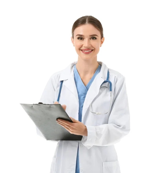 Portrait of female doctor with clipboard on white background — Stock Photo, Image