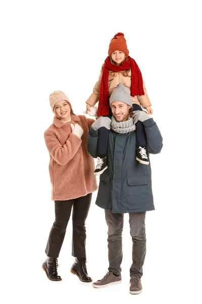 Familia feliz en ropa de invierno sobre fondo blanco —  Fotos de Stock