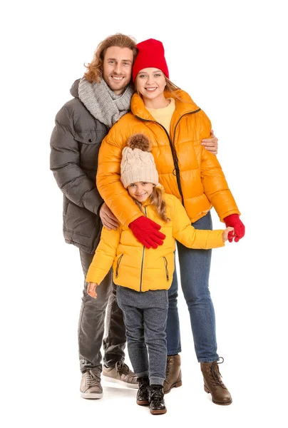Familia feliz en ropa de invierno sobre fondo blanco —  Fotos de Stock