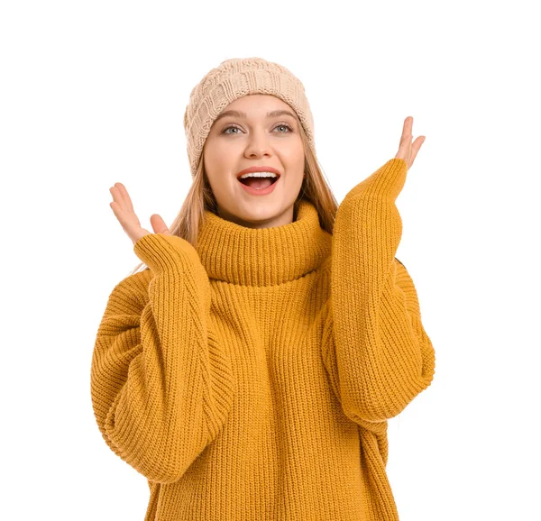 Beautiful woman in winter clothes on white background — Stock Photo, Image