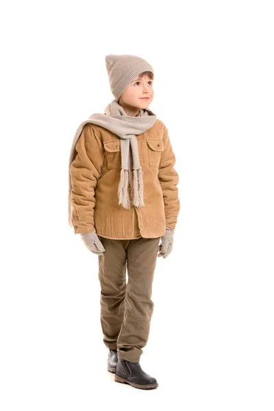 Cute little boy in winter clothes on white background — Stock Photo, Image