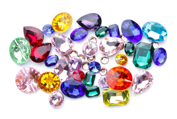 Different precious stones for jewellery on white background