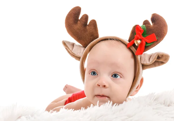 Cute little baby with deer horns on white background — Stock Photo, Image