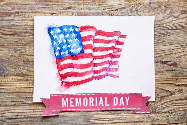 Drawing of USA flag and text MEMORIAL DAY on wooden background — Stock Photo, Image