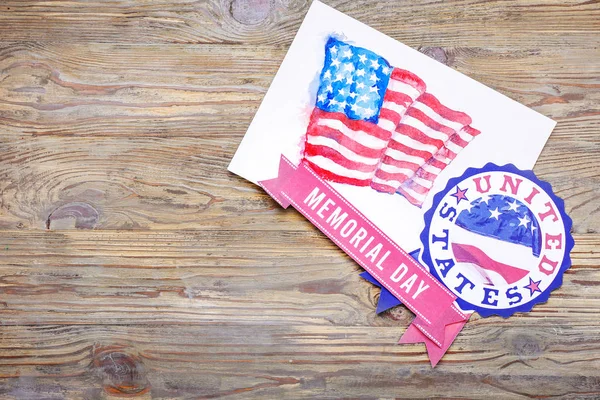 Drawing of USA flag and text MEMORIAL DAY on wooden background — Stock Photo, Image