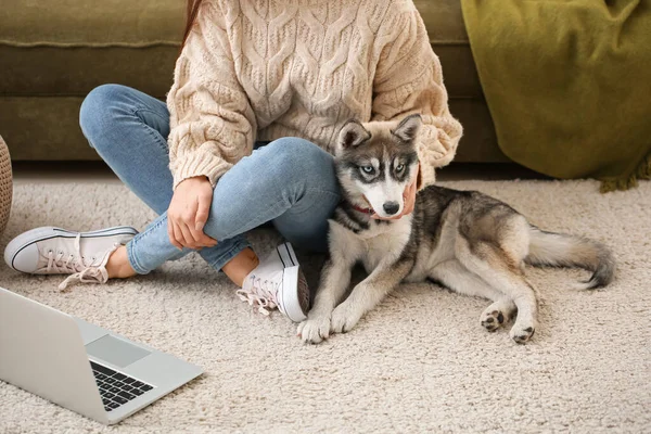 Young woman with funny husky puppy resting at home — Stock Photo, Image