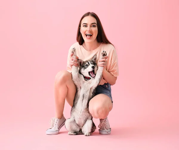 Mulher bonito com filhote de cachorro husky engraçado no fundo de cor — Fotografia de Stock