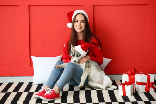 Mujer linda con divertido husky cachorro y regalos de Navidad sentado cerca de la pared de color —  Fotos de Stock