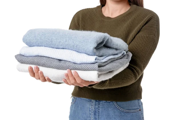 Young woman with clean clothes on white background, closeup — Stockfoto