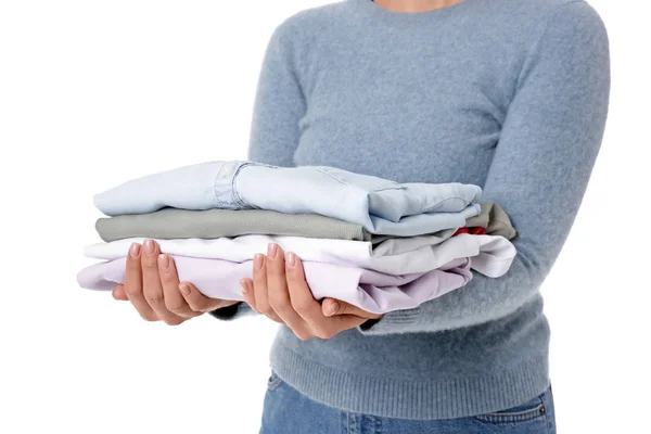 Young woman with clean clothes on white background, closeup — Stockfoto