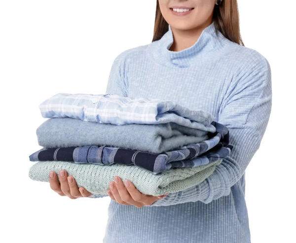 Young woman with clean clothes on white background, closeup — Stockfoto