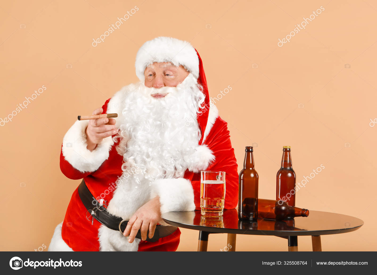 Funny drunk Santa Claus with alcohol and cigar on color background