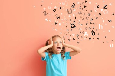 Stressed little girl and many letters on color background clipart