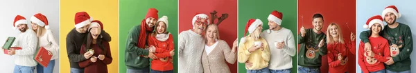 Κολάζ φωτογραφιών με διαφορετικά ευτυχισμένα ζευγάρια. Χριστουγεννιάτικη γιορτή — Φωτογραφία Αρχείου