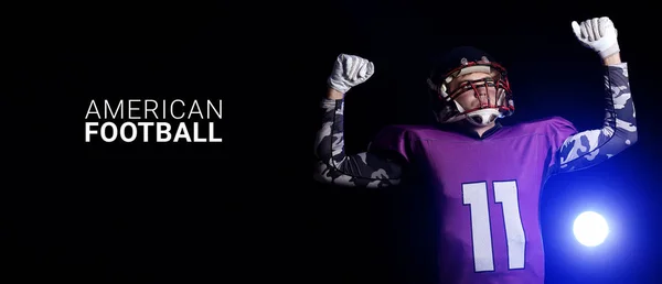 Happy player and text AMERICAN FOOTBALL on dark background