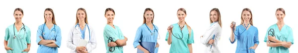 Collage van vrouwelijke arts met stethoscoop op witte achtergrond — Stockfoto
