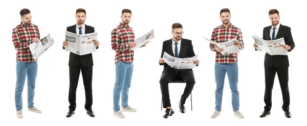 Colagem de homem bonito com jornais sobre fundo branco — Fotografia de Stock