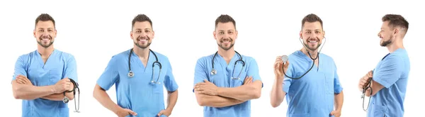 Collage of male nurse with stethoscope on white background — Stock Photo, Image