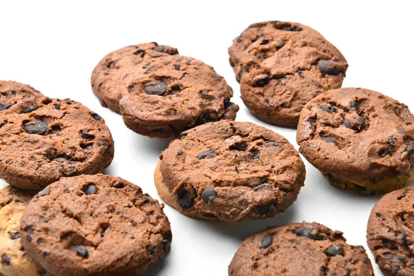 Tasty cookies with chocolate chips on white background — Stock Photo, Image