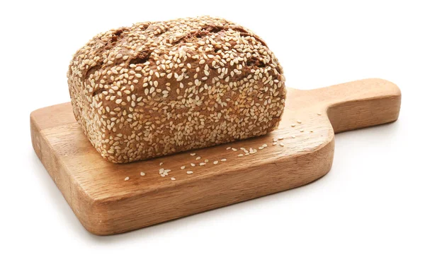 Board with fresh bread on white background — Stock Photo, Image