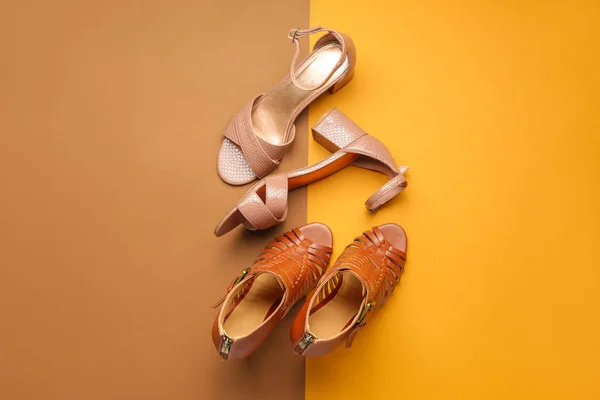 Stylish female shoes on color background — Stock Photo, Image