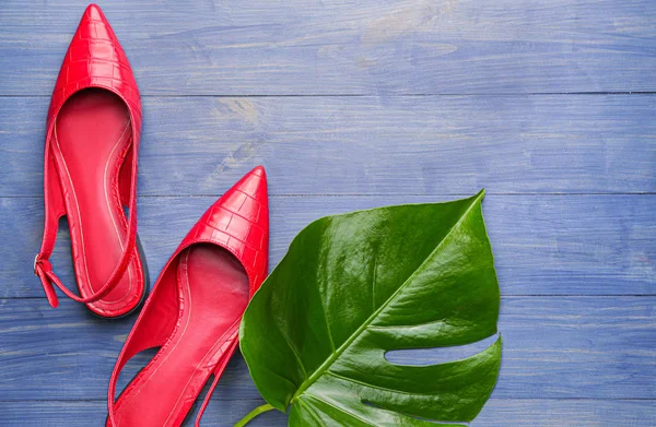 Stylish female shoes and tropical leaf on wooden background — Stock Photo, Image