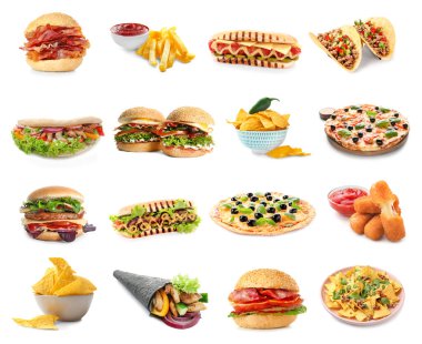Beyaz arka planda farklı fast food ürünleri seti