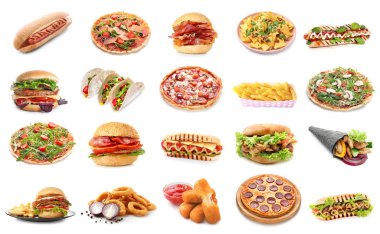 Beyaz arka planda farklı fast food ürünleri seti