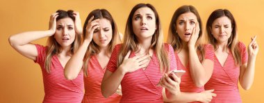 Renkli arka planda endişeli genç bayanla kolaj