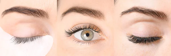 Young woman before and after eyelash extension procedure, closeup — Stock Photo, Image